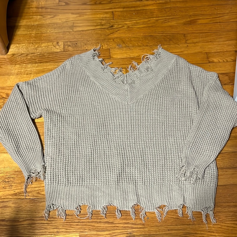 Zenana Waffle Knit Distressed Sweater